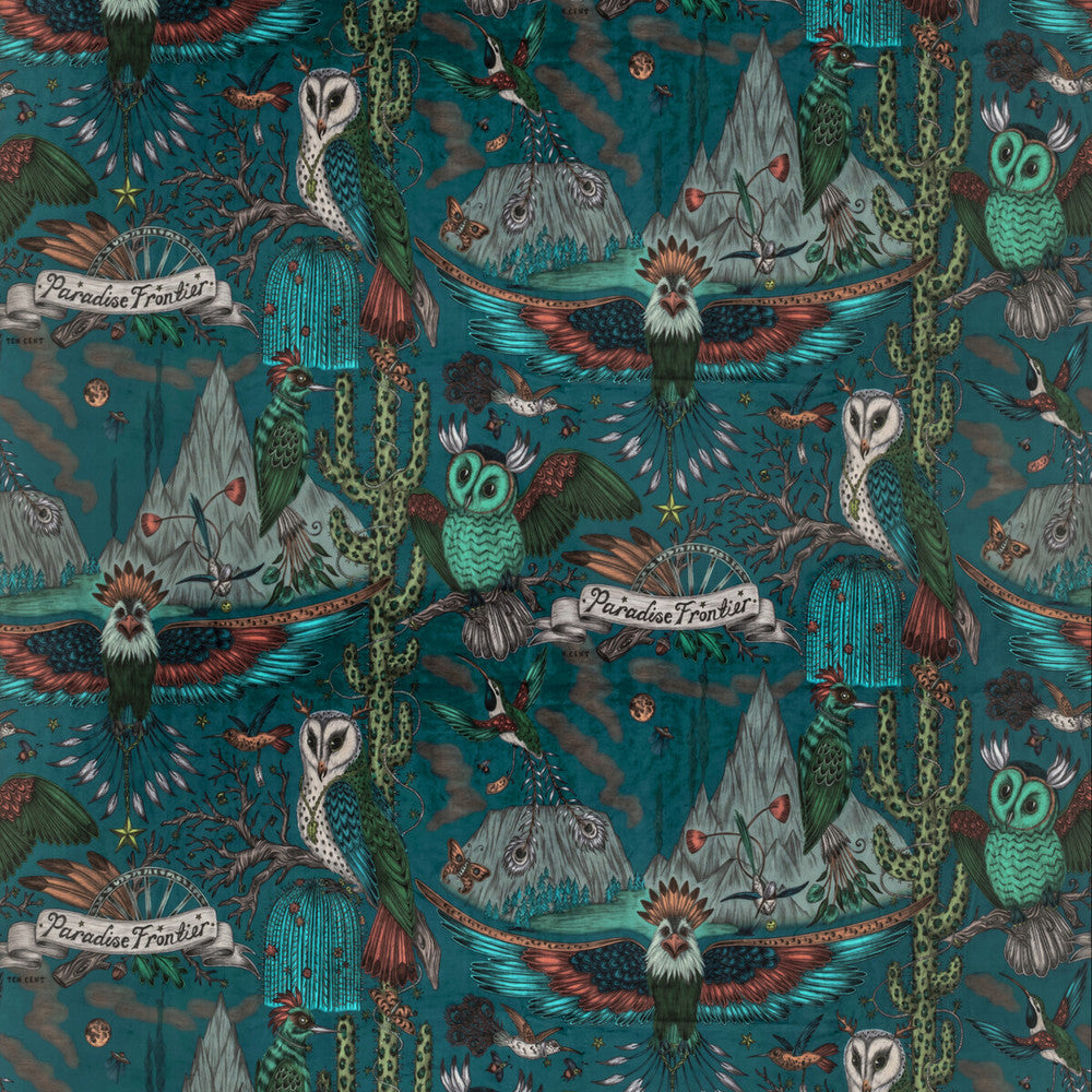 Frontier Velvet Teal by Clarke And Clarke Designer Fabric WILDERIE BY EMMA J SHIPLEY FOR C&C POLYESTER - 100% Spain HEAVY Horizontal: 54 and Vertical: 29.1 55 - Swanky Fabrics -