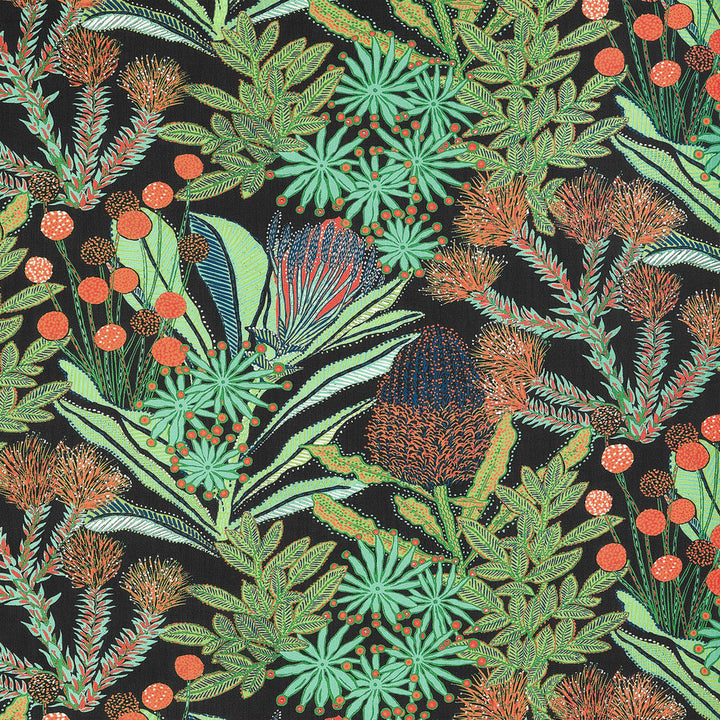Protea Print Black F81762  by Thibaut Fabric Thibaut Fabric Protea Print Black F81762 Fabric SOLEIL U.S.A </p><p>Repeat: H: 27 in (68.58 cm), V: 25.25 (64.14 cm) 54 in  (137.16 cm) - Fabric Carolina -