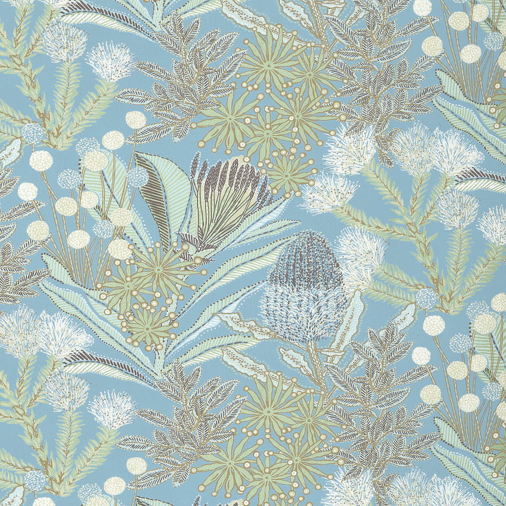 Protea Print Spa Blue F81766  by Thibaut Fabric Thibaut Fabric Protea Print Spa Blue F81766 Fabric SOLEIL U.S.A </p><p>Repeat: H: 27 in (68.58 cm), V: 25.25 (64.14 cm) 54 in  (137.16 cm) - Fabric Carolina -