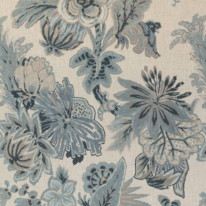 Floral Gala Slate Blue and Flax F910214 by Thibaut Fabric Thibaut Fabric Floral Gala Slate Blue and Flax F910214Fabric Colony Fabric Book 100% Linen ITALY </p><p>Repeat: V: 32.75 54 - Fabric Carolina -