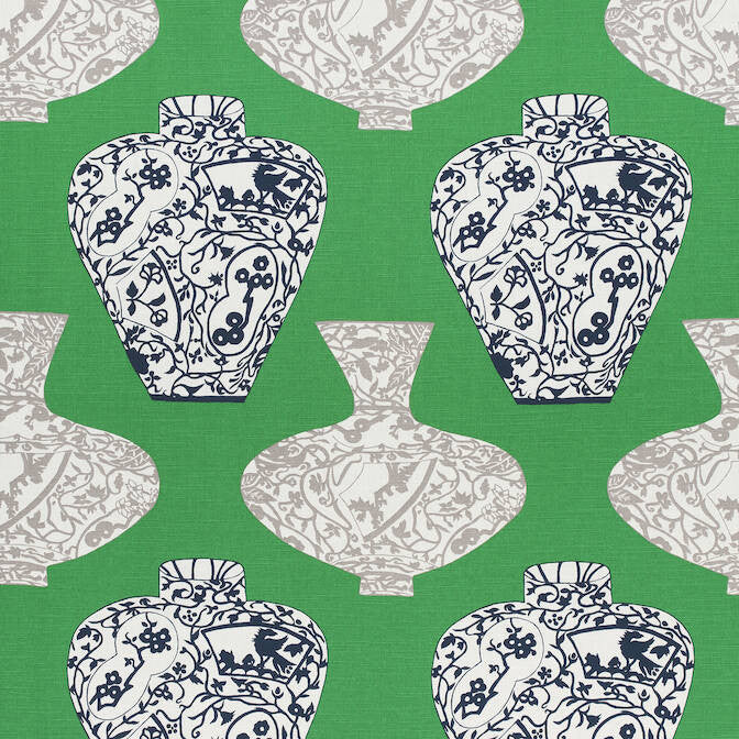 Imari Vase Emerald Green F913125 by Thibaut Fabric Thibaut Fabric Imari Vase Emerald Green F913125Fabric Summer House Fabric Book 93% Cotton, 7% Linen UNITED KINGDOM </p><p>Repeat: V: 17.25 54 - Fabric Carolina -