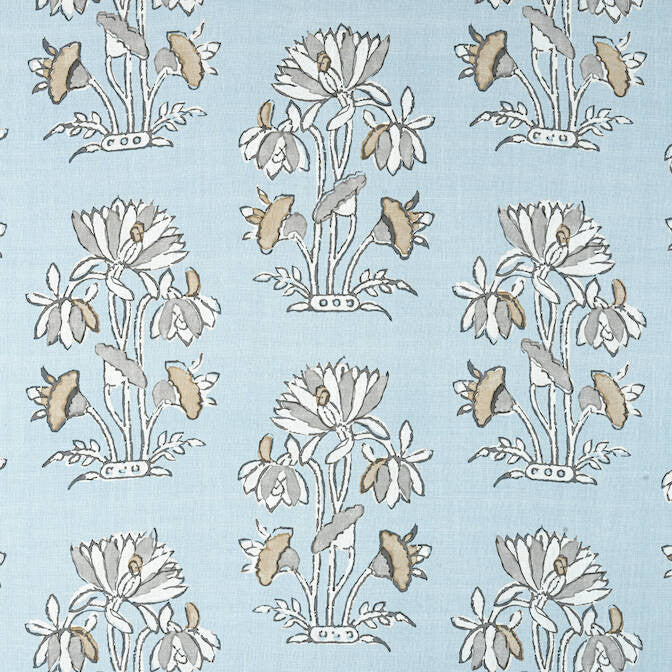 Lily Flower Spa Blue F913201 by Thibaut Fabric Thibaut Fabric Lily Flower Spa Blue F913201Fabric Mesa Fabric Book 100% Linen THAILAND </p><p>Repeat: V: - 54 - Fabric Carolina -