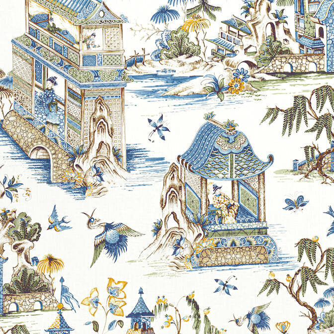 Grand Palace Blue and Green F913613 by Thibaut Fabric Thibaut Fabric Grand Palace Blue and Green F913613Fabric Grand Palace Fabric Book 100% Linen SCOTLAND </p><p>Repeat: V: 35.5 54 - Fabric Carolina -