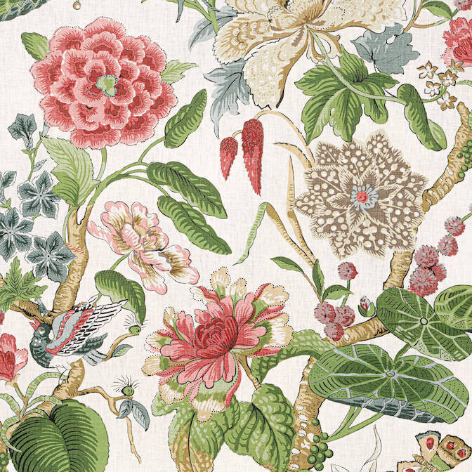Hill Garden Coral and Green F913658 by Thibaut Fabric Thibaut Fabric Hill Garden Coral and Green F913658Fabric Grand Palace Fabric Book 100% Linen UNITED STATES </p><p>Repeat: V: 35.5 54 - Fabric Carolina -