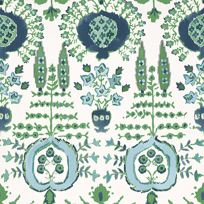 Mendoza Suzani Blue and Green on White F916240 by Thibaut Fabric Thibaut Fabric Mendoza Suzani Blue and Green on White F916240Fabric Kismet Fabric Book 52% Cotton, 48% Linen ITALY </p><p>Repeat: V: 34 54 - Fabric Carolina -