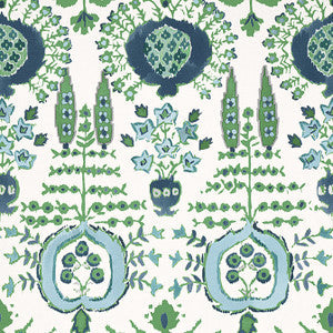 Thibaut Fabric Mendoza Suzani Blue and Green on White F916240