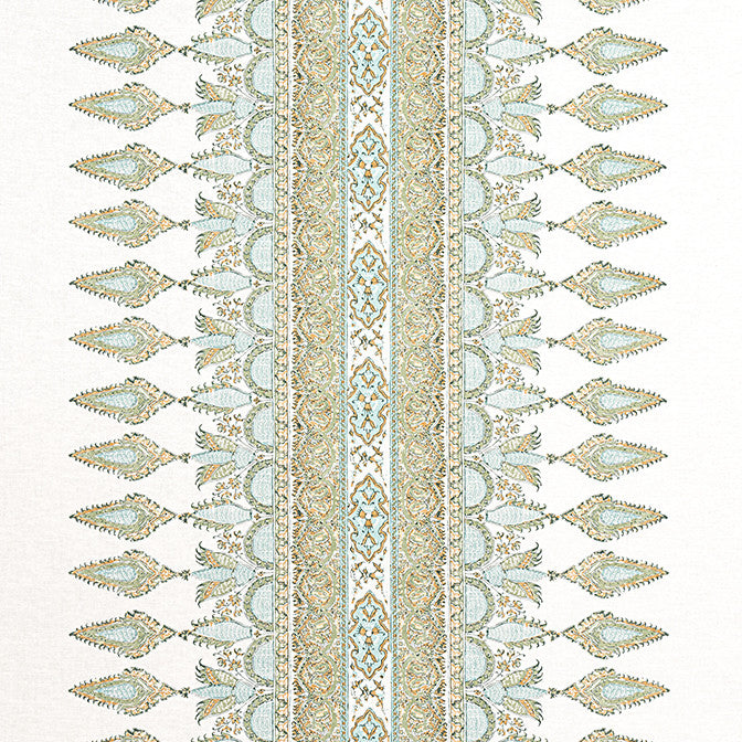 Akola Stripe Seaglass and Gold F936408 by Thibaut Fabric Thibaut Fabric Akola Stripe Seaglass and Gold F936408Fabric Indienne Fabric Book 60% Linen, 30% Cot, 10% Nylon SCOTLAND </p><p>Repeat: V: 4.5 54 - Fabric Carolina -