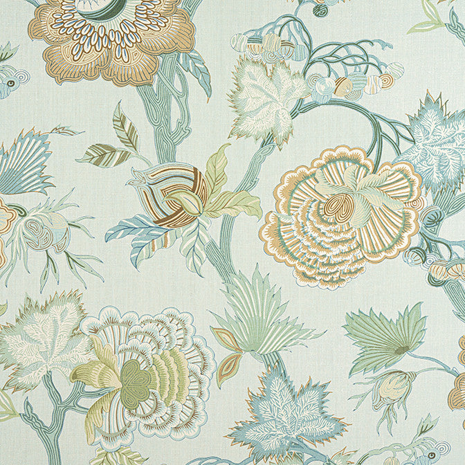 Indienne Jacobean Seaglass and Gold F936417 by Thibaut Fabric Thibaut Fabric Indienne Jacobean Seaglass and Gold F936417Fabric Indienne Fabric Book 100% Linen UNITED STATES </p><p>Repeat: V: 48 54 - Fabric Carolina -