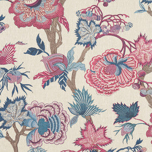 Thibaut Fabric Indienne Jacobean Raspberry and Blue on Natural F936419
