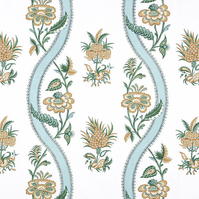 Ribbon Floral Seaglass and Gold F936422 by Thibaut Fabric Thibaut Fabric Ribbon Floral Seaglass and Gold F936422Fabric Indienne Fabric Book 100% Cotton UNITED STATES </p><p>Repeat: V: 24 53.5 - Fabric Carolina -