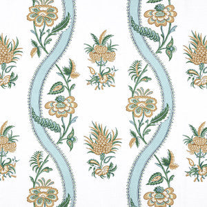 Thibaut Fabric Ribbon Floral Seaglass and Gold F936422