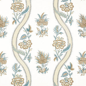 Thibaut Fabric Ribbon Floral Beige and Spa Blue F936425