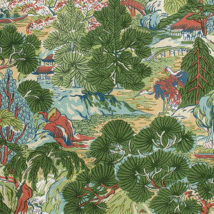 Thibaut Fabric Pagoda Trees Coral and Green F942022
