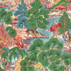 Thibaut Fabric Pagoda Trees Pink and Green F942026