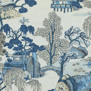 Thibaut Fabric Asian Scenic Blue and Beige F975461