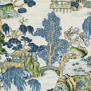 Thibaut Fabric Asian Scenic Blue and Green F975462