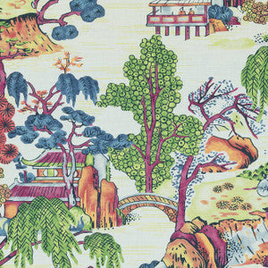 Thibaut Fabric Asian Scenic Coral and Green F975464