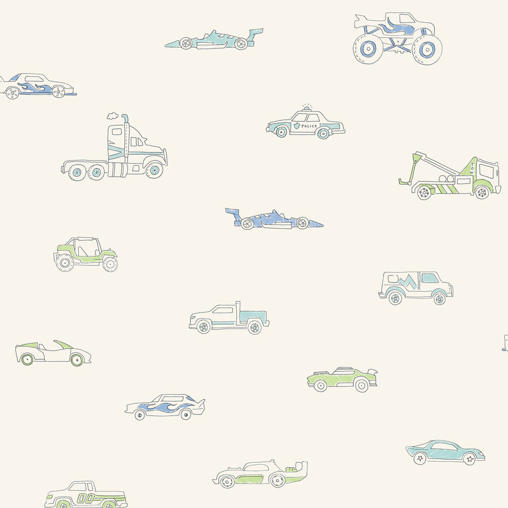 Traffic Jam Blue and Green FA40302 by Seabrook Designs Designer Wallpaper