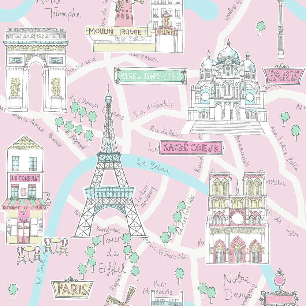Bon Voyage Bubblegum and Turquoise FA40601 by Seabrook Designs Designer Wallpaper