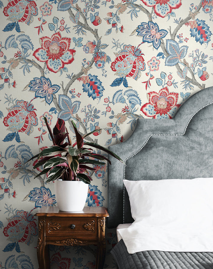 Bernadette Jacobean French Blue & Antique Ruby FC60401 by Seabrook Designs Designer Wallpaper