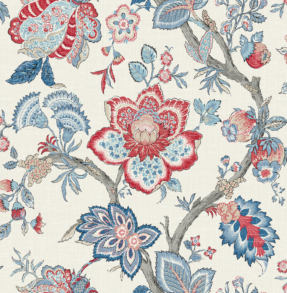 Bernadette Jacobean French Blue & Antique Ruby FC60401 by Seabrook Designs Designer Wallpaper