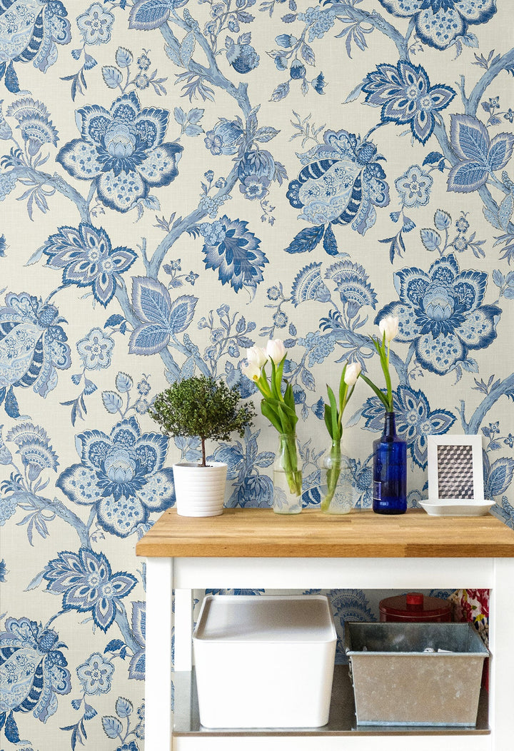 Bernadette Jacobean French Blue FC60402 by Seabrook Designs Designer Wallpaper
