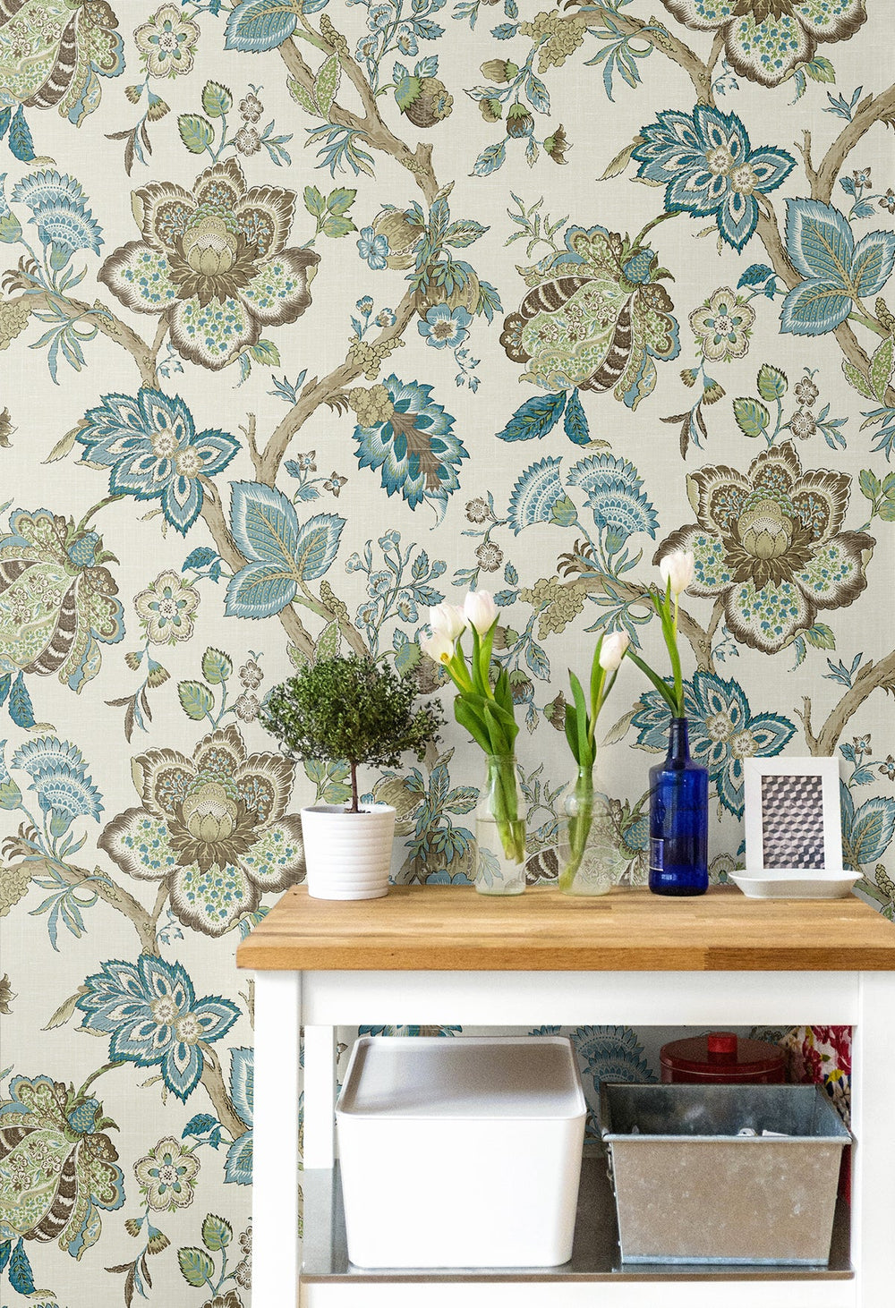 Bernadette Jacobean Hickory Smoke & Blue Bell FC60406 by Seabrook Designs Designer Wallpaper