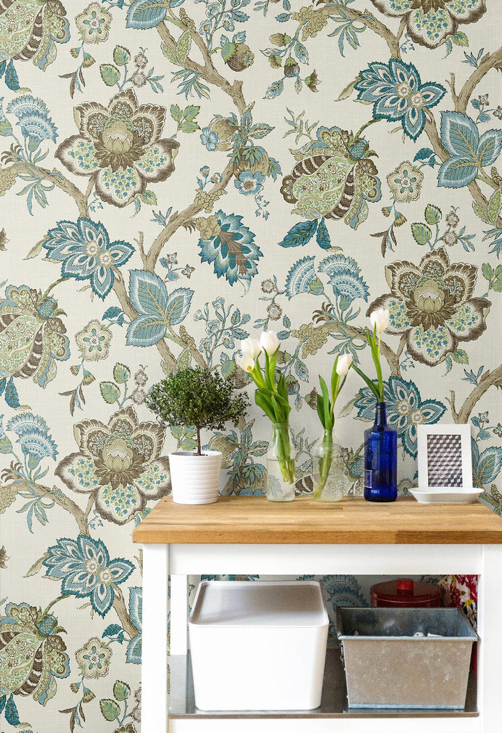 Bernadette Jacobean Hickory Smoke & Blue Bell FC60406 by Seabrook Designs Designer Wallpaper