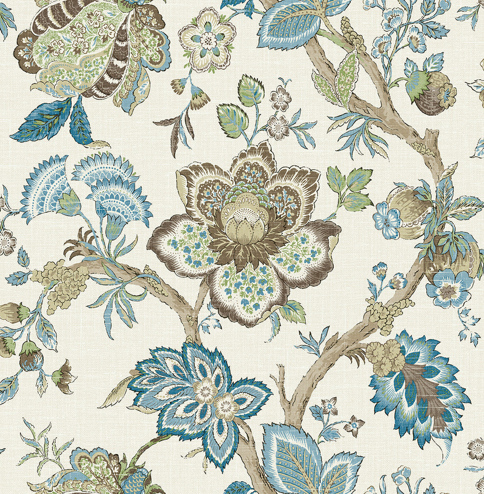 Bernadette Jacobean Hickory Smoke & Blue Bell FC60406 by Seabrook Designs Designer Wallpaper