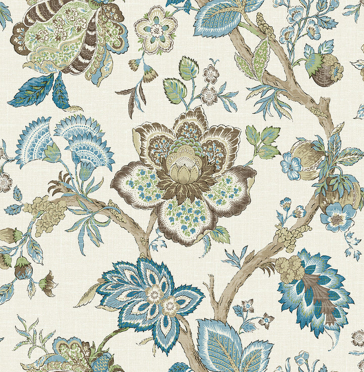 Bernadette Jacobean Hickory Smoke & Blue Bell FC60406 by Seabrook Designs Designer Wallpaper
