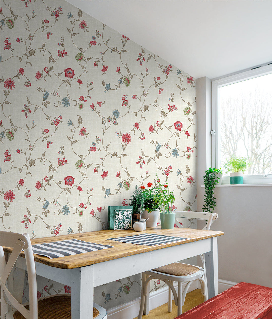 Florale Trail Cranberry & Blue Bell FC61004 by Seabrook Designs Designer Wallpaper