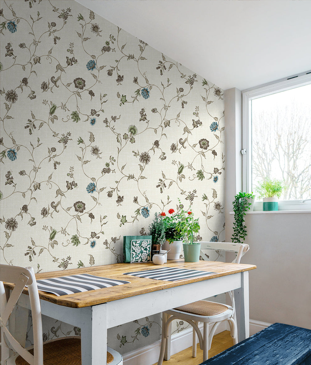 Florale Trail Greige & Blue Bell FC61006 by Seabrook Designs Designer Wallpaper