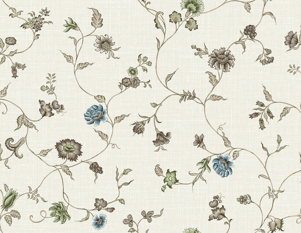 Florale Trail Greige & Blue Bell FC61006 by Seabrook Designs Designer Wallpaper