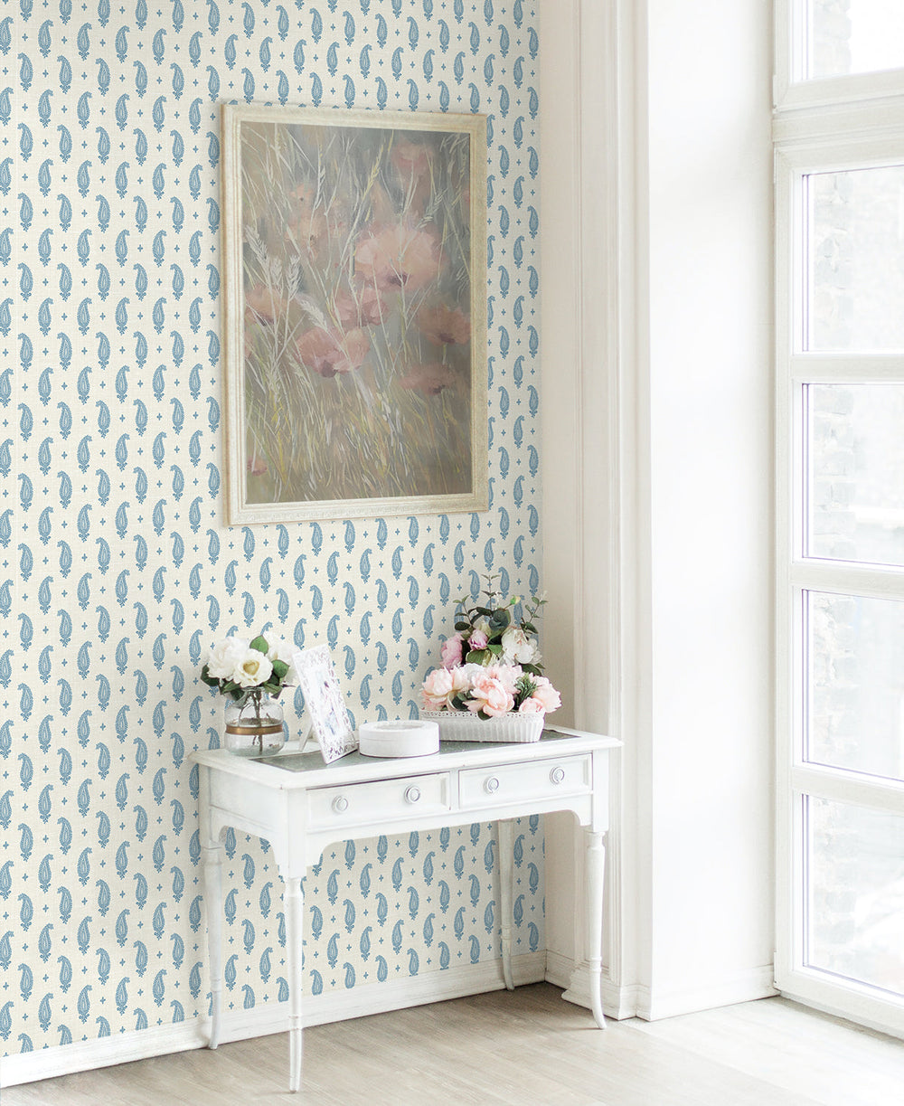 Maia Paisley Bleu Bisque FC62402 by Seabrook Designs Designer Wallpaper