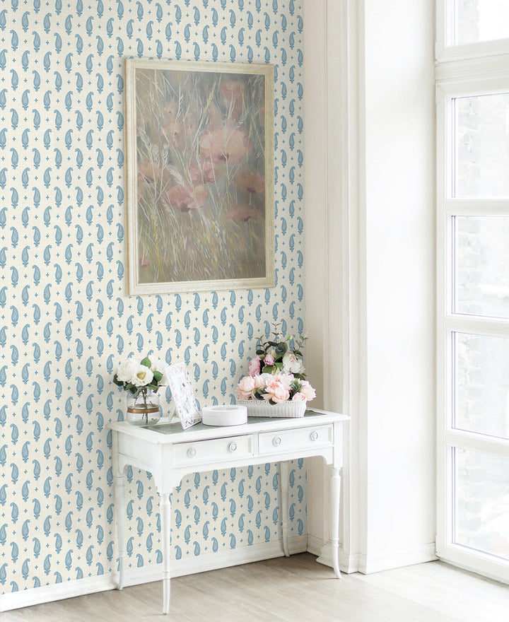 Maia Paisley Bleu Bisque FC62402 by Seabrook Designs Designer Wallpaper