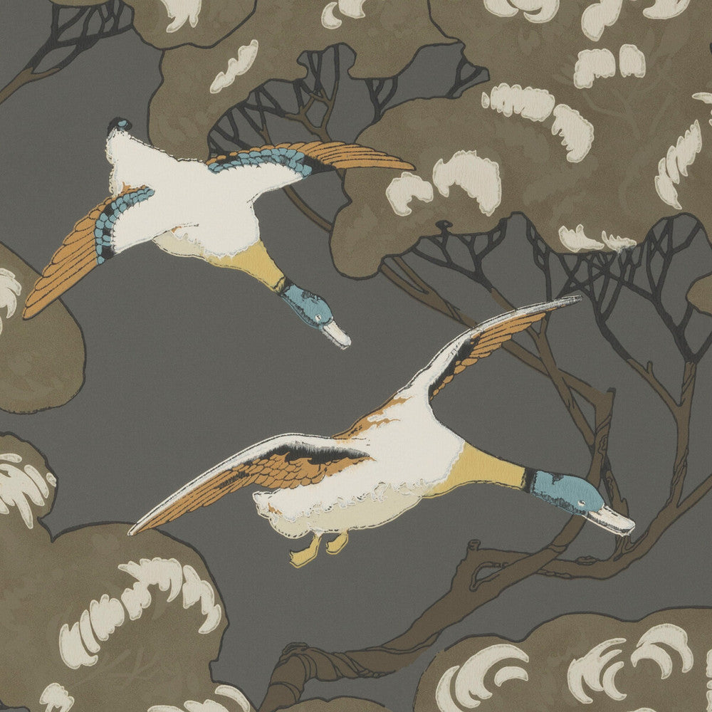Flying Ducks Charcoal by Mulberry Designer Wallcovering MODERN COUNTRY PAPER - 100% United Kingdom Horizontal: 20.488 and Vertical: 20.882 20.488 - Swanky Fabrics -