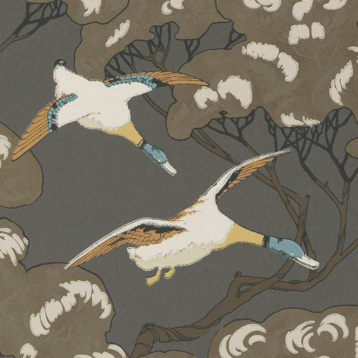 Flying Ducks Charcoal by Mulberry Wallcovering Mulberry Wallcovering Flying Ducks CharcoalWallcovering MODERN COUNTRY NON WOVEN - 100% United Kingdom </p><p>Repeat: H: 20.488, V: 20.882 20.488 - Fabric Carolina -