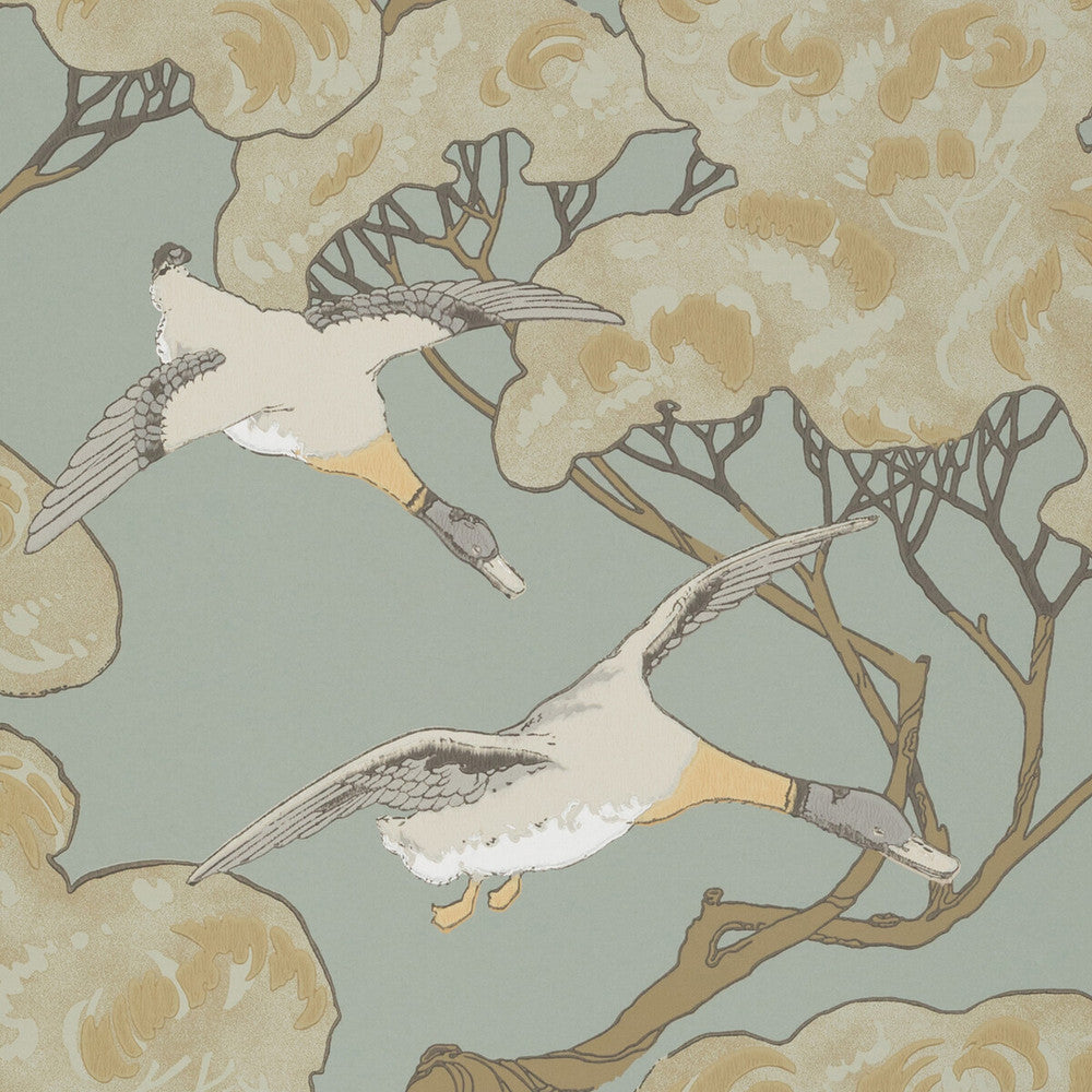 Flying Ducks Slate Blue by Mulberry Designer Wallcovering MODERN COUNTRY PAPER - 100% United Kingdom - Horizontal: 20.488 and Vertical: 20.882 20.488 - Swanky Fabrics -