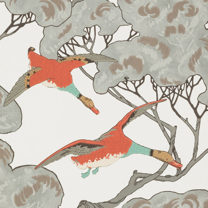 Flying Ducks Coral/Clay by Mulberry Designer Wallcovering MODERN COUNTRY PAPER - 100% United Kingdom - Horizontal: 20.488 and Vertical: 20.882 20.488 - Swanky Fabrics -