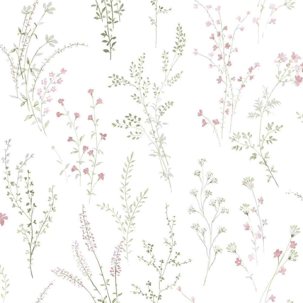 Wildflower Sprigs Pink & Green Wallpaper by York Wallcoverings Designer Earthy Tones Covers about 56.4 square feet 20.5-in by 33-ft long roll Unpasted 20.5 - Swanky Fabrics -