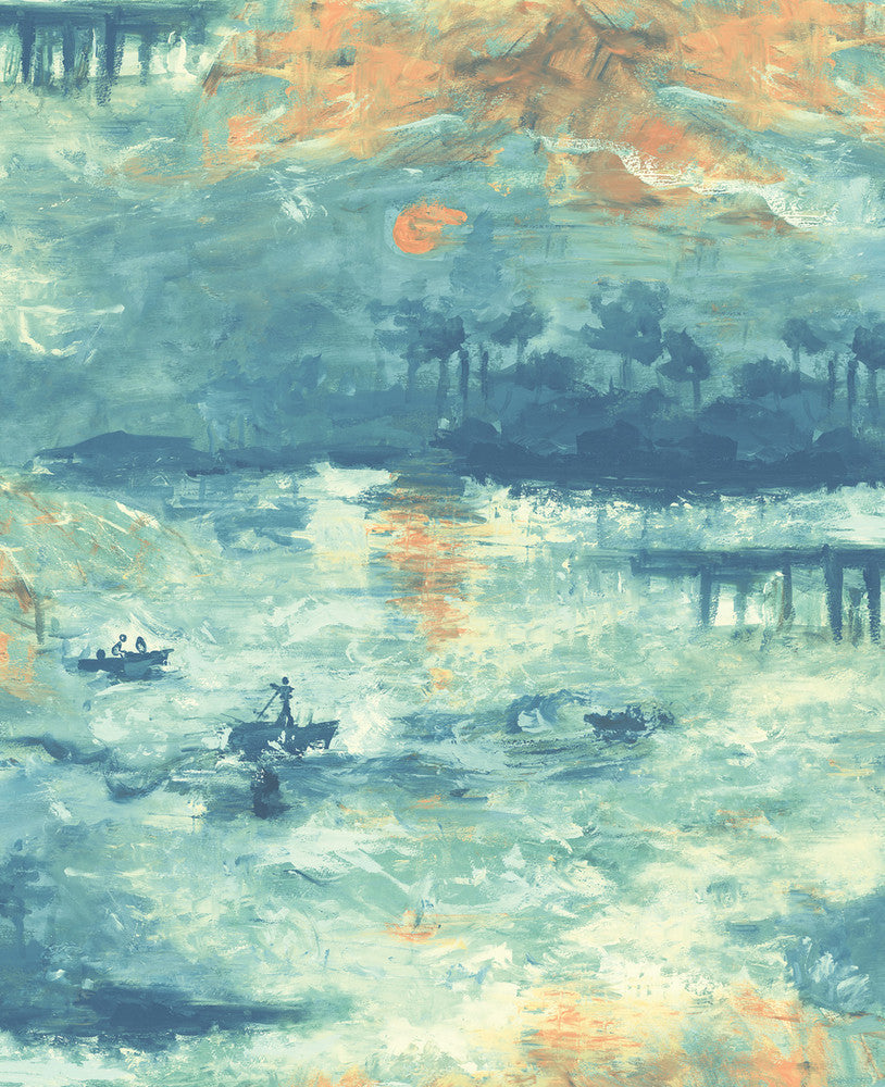 Nautical Sunset Navy, Turquoise, and Metallic Gold FI70004 by Seabrook Designs Designer Wallpaper