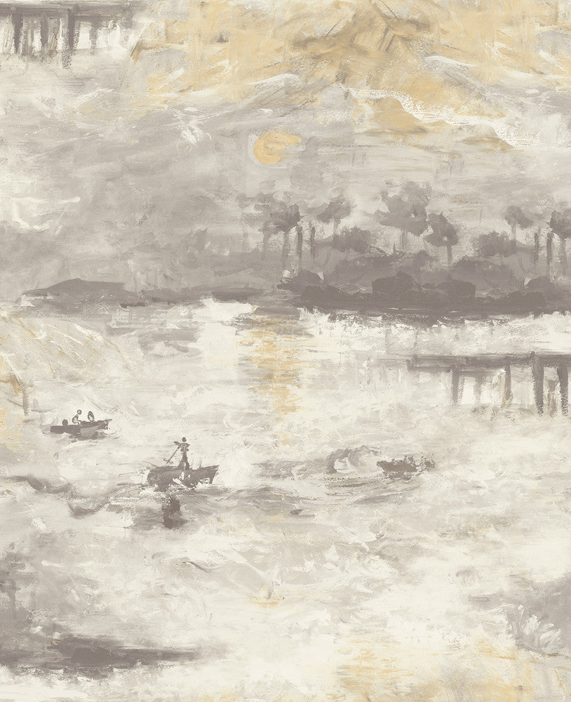 Nautical Sunset Charcoal, Metallic Gold, and Pearl FI70007 by Seabrook Designs Designer Wallpaper