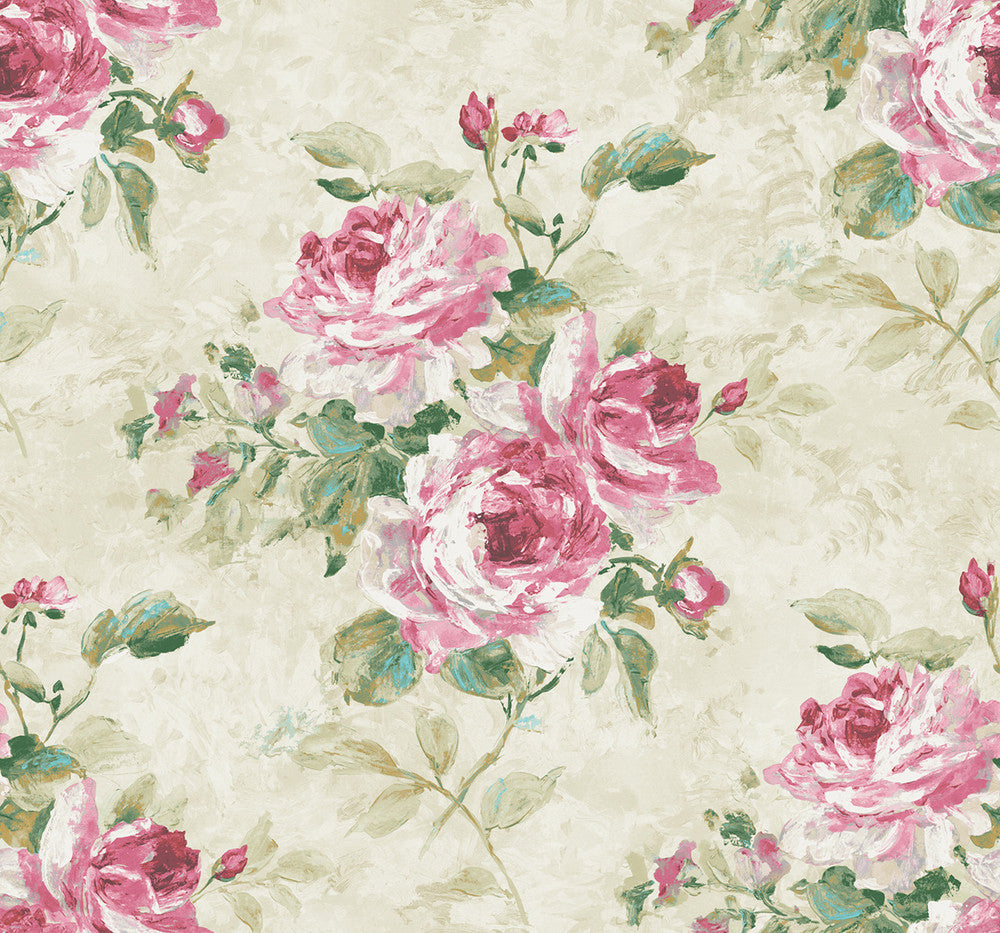 Rose Bouquet Metallic Ivory, Blush, and Forest Green FI70401 by Seabrook Designs Designer Wallpaper