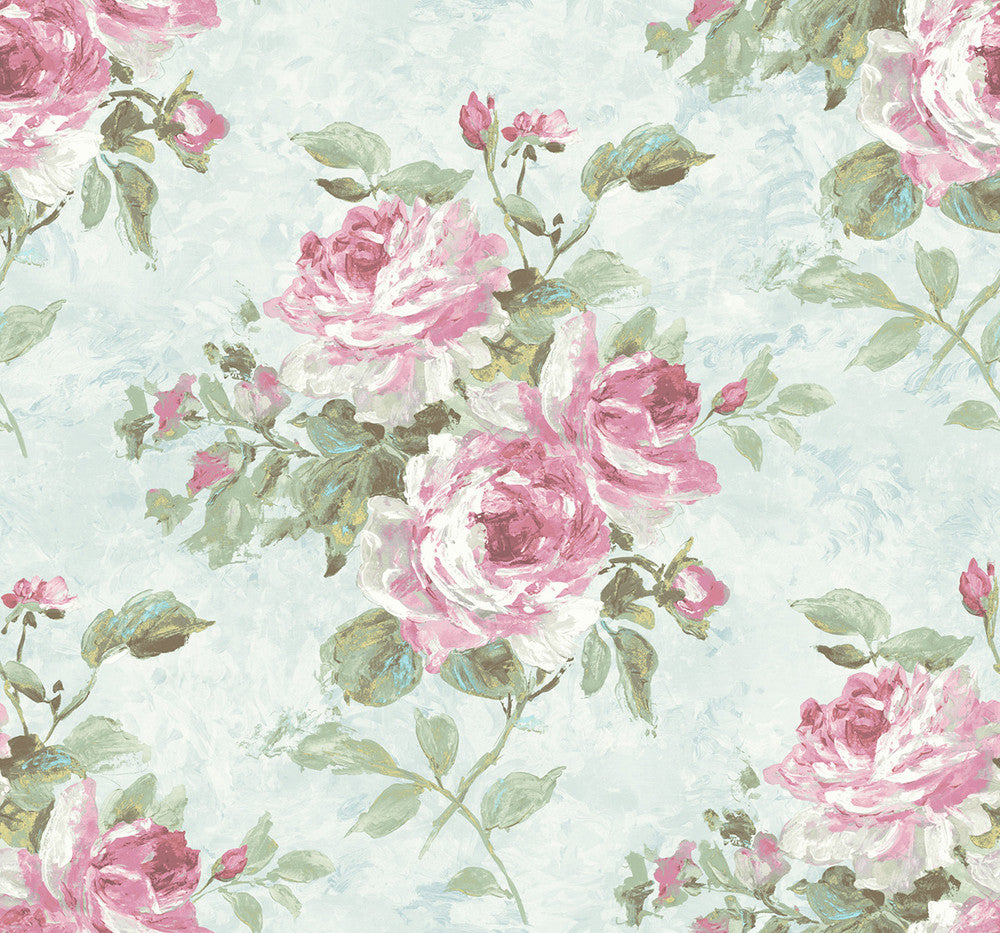 Rose Bouquet Metallic Blue and Rose FI70402 by Seabrook Designs Designer Wallpaper