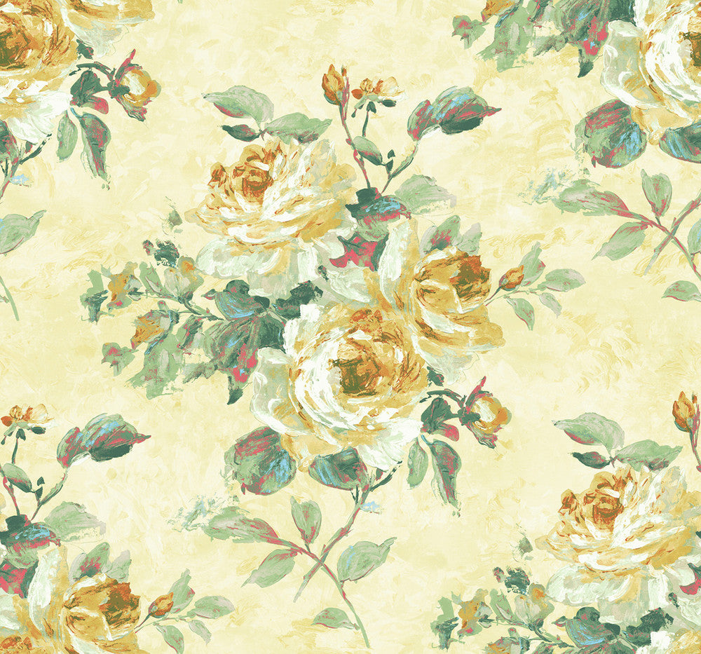 Rose Bouquet Metallic White, Gold, and Green FI70403 by Seabrook Designs Designer Wallpaper