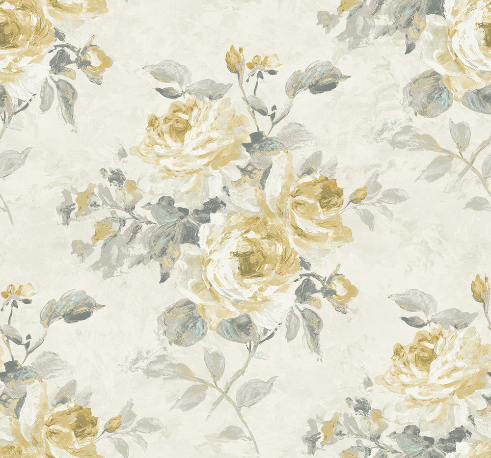 Rose Bouquet Metallic Pearl, Metallic Gold, and Grey FI70405 by Seabrook Designs Designer Wallpaper