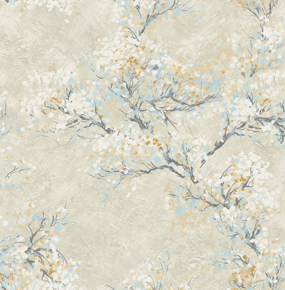 Cherry Blossoms Metallic Champagne, White, and Sky Blue FI71105 by Seabrook Designs Designer Wallpaper