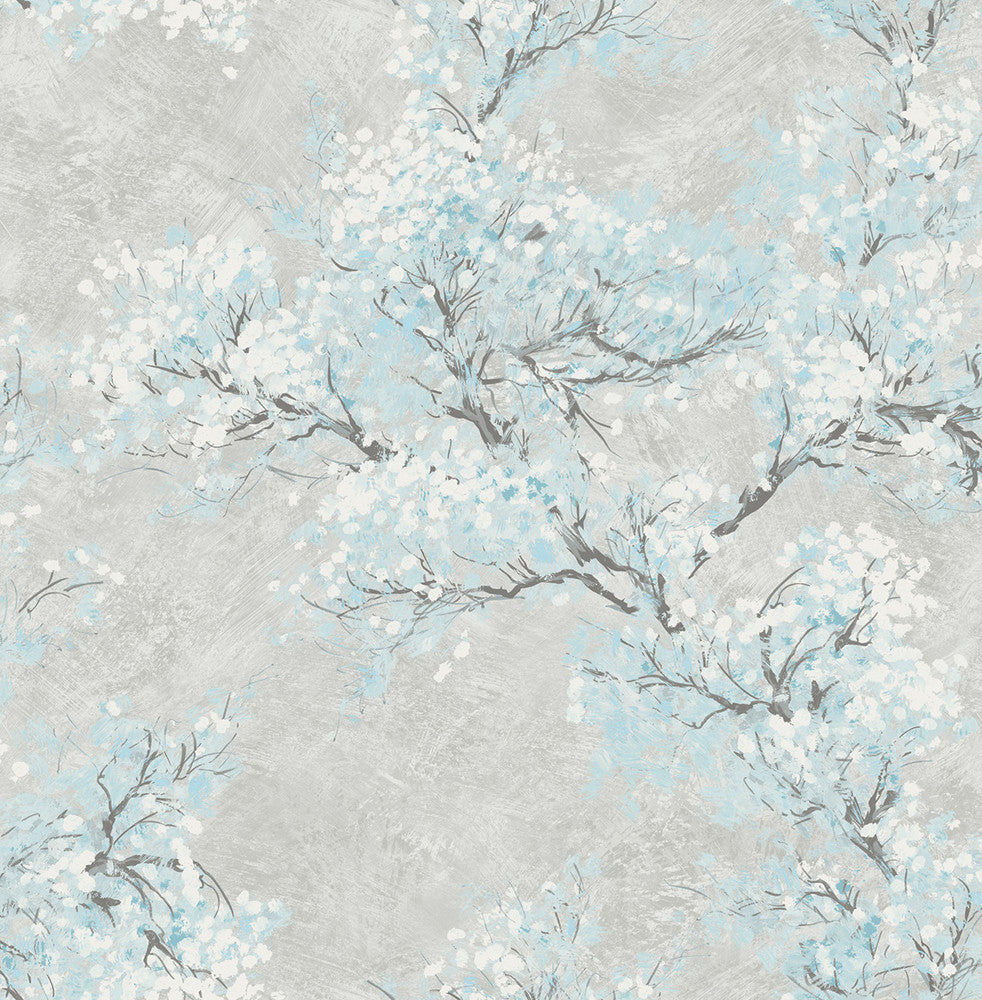 Cherry Blossoms Metallic Silver and Sky Blue FI71108 by Seabrook Designs Designer Wallpaper
