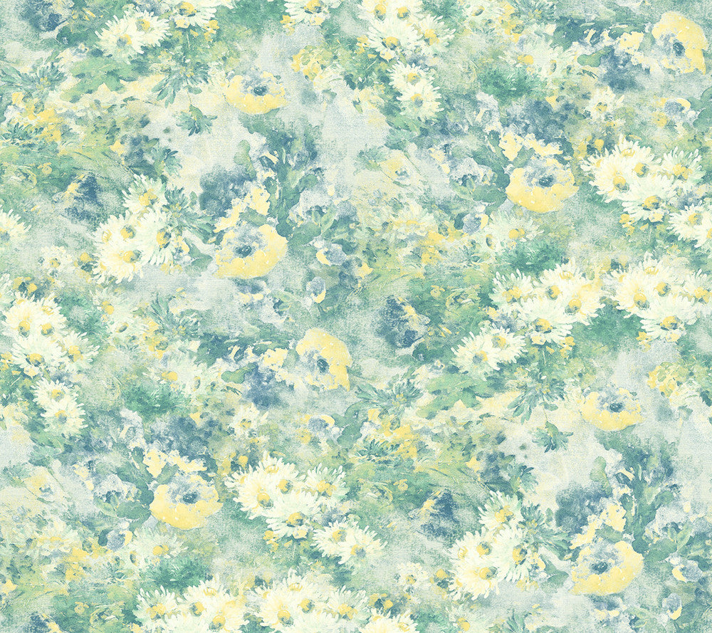 Daisy Metallic Ivory, Yellow, and Teal FI71304 by Seabrook Designs Designer Wallpaper