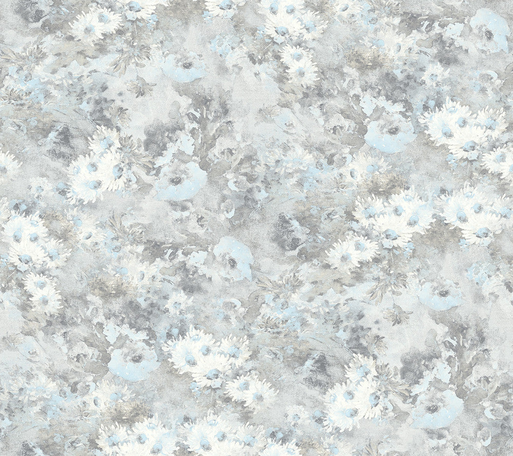 Daisy Metallic Silver and Sky Blue FI71308 by Seabrook Designs Designer Wallpaper